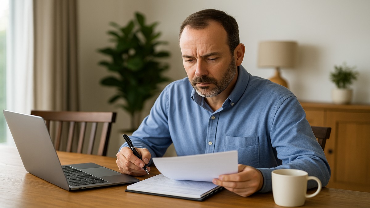 Man reviewing payslips and notes while completing his employment income section on a Self Assessment tax return.