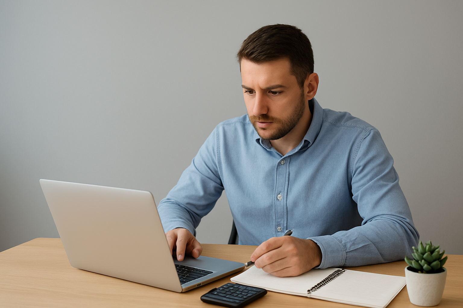 Contractor reviewing accounts on a laptop with notebook and calculator to avoid bookkeeping mistakes