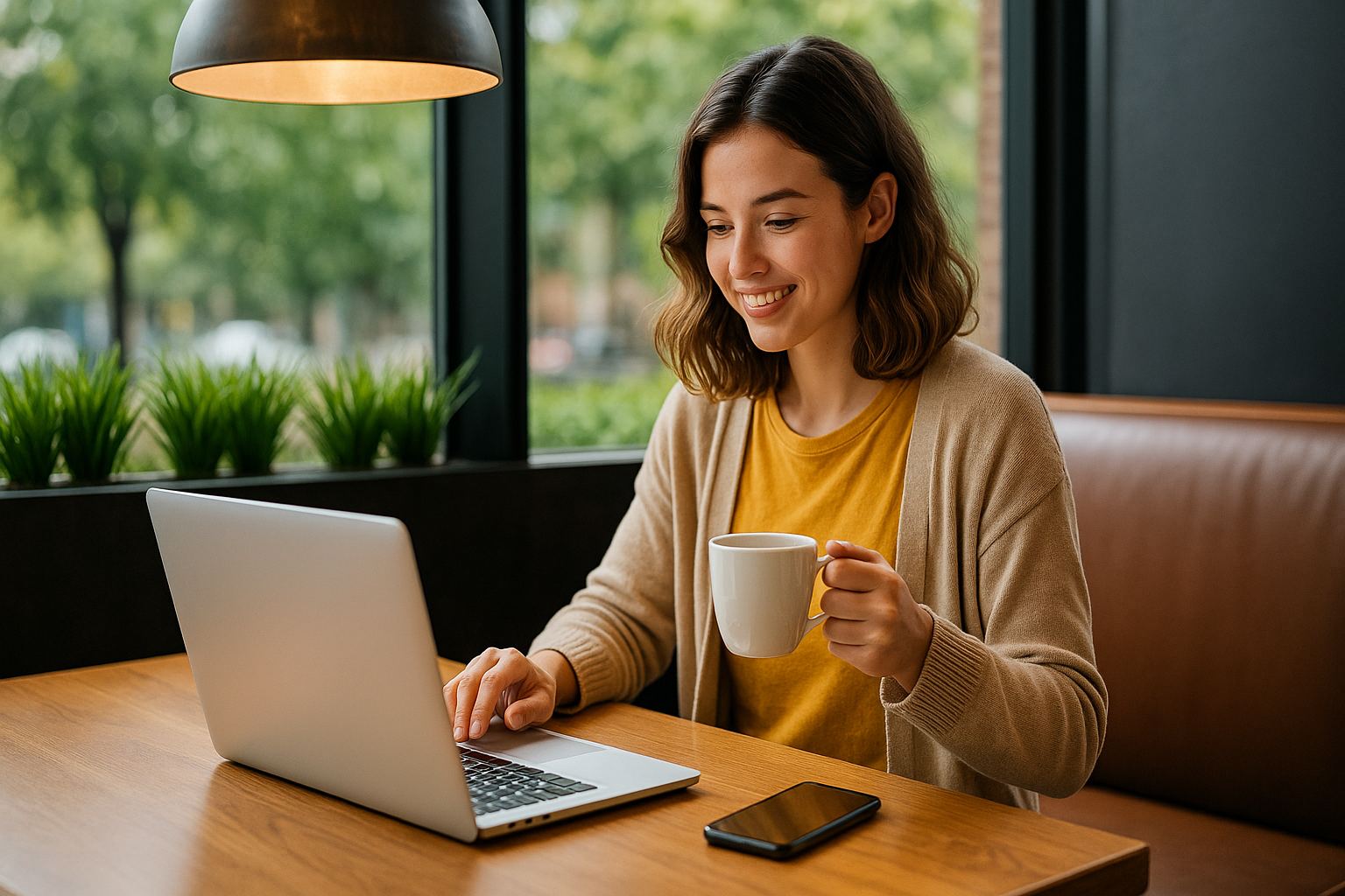 Self-employed worker in London using a laptop while in a coffee shop