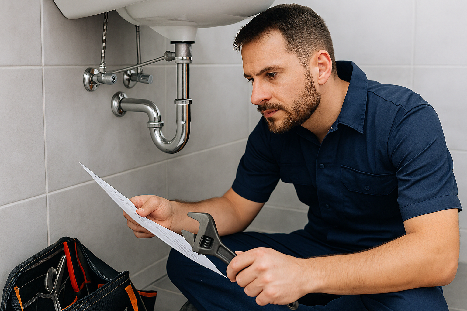 Technician repairing bathroom plumbing