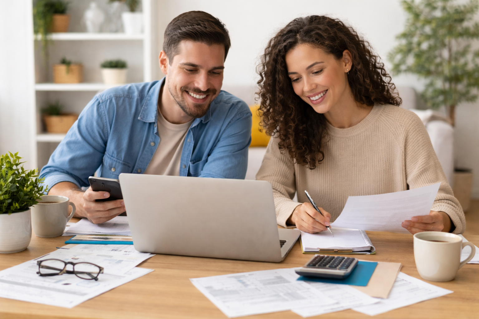 Two people sitting at a table reviewing paperwork and using a laptop while preparing a Self Assessment tax return at home.