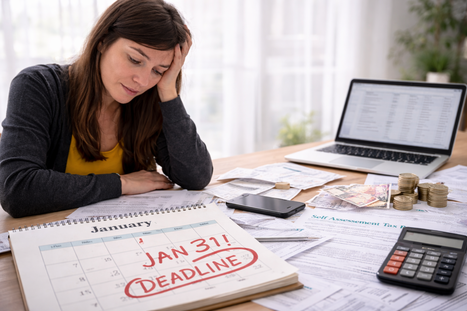 Stressed woman reviewing Self Assessment paperwork at a desk with receipts, calculator and laptop in January.