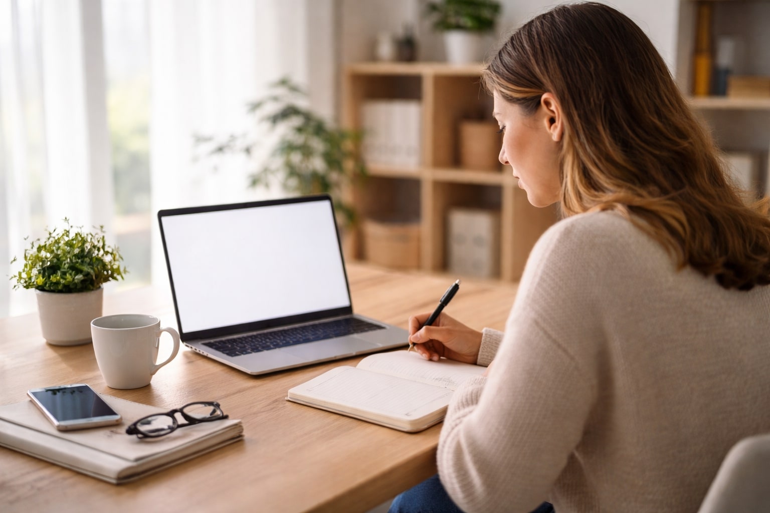 Person working at a tidy home desk with a laptop and notebook while preparing a Self Assessment tax return.