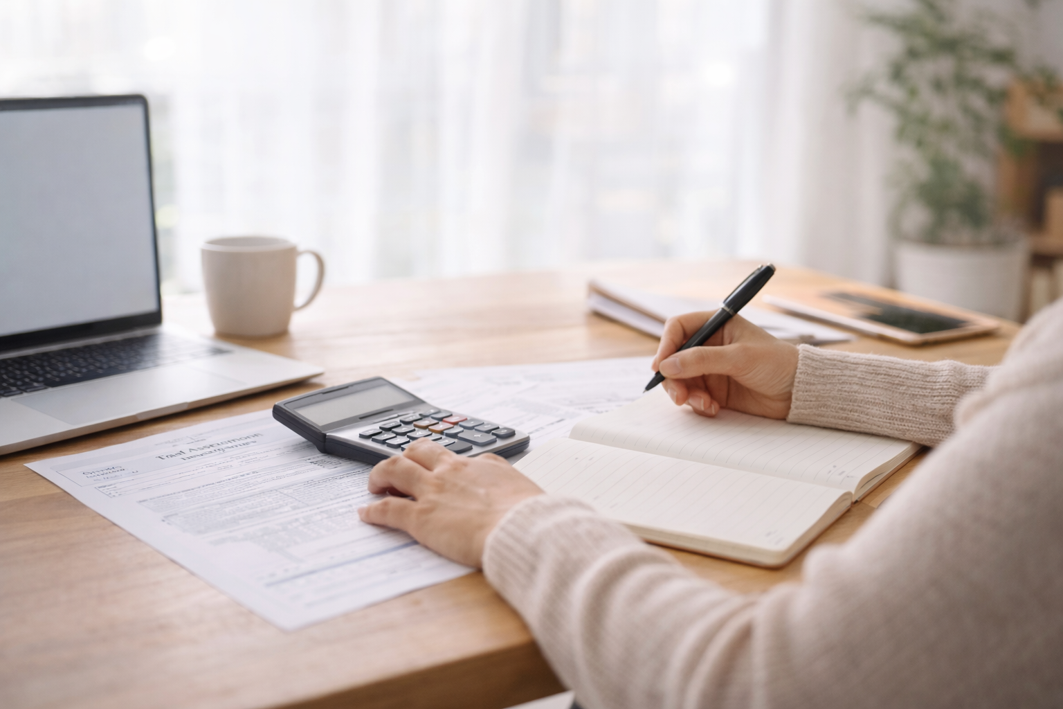 Hands calculating Self Assessment tax figures using a calculator and notebook at a home workspace before the HMRC deadline
