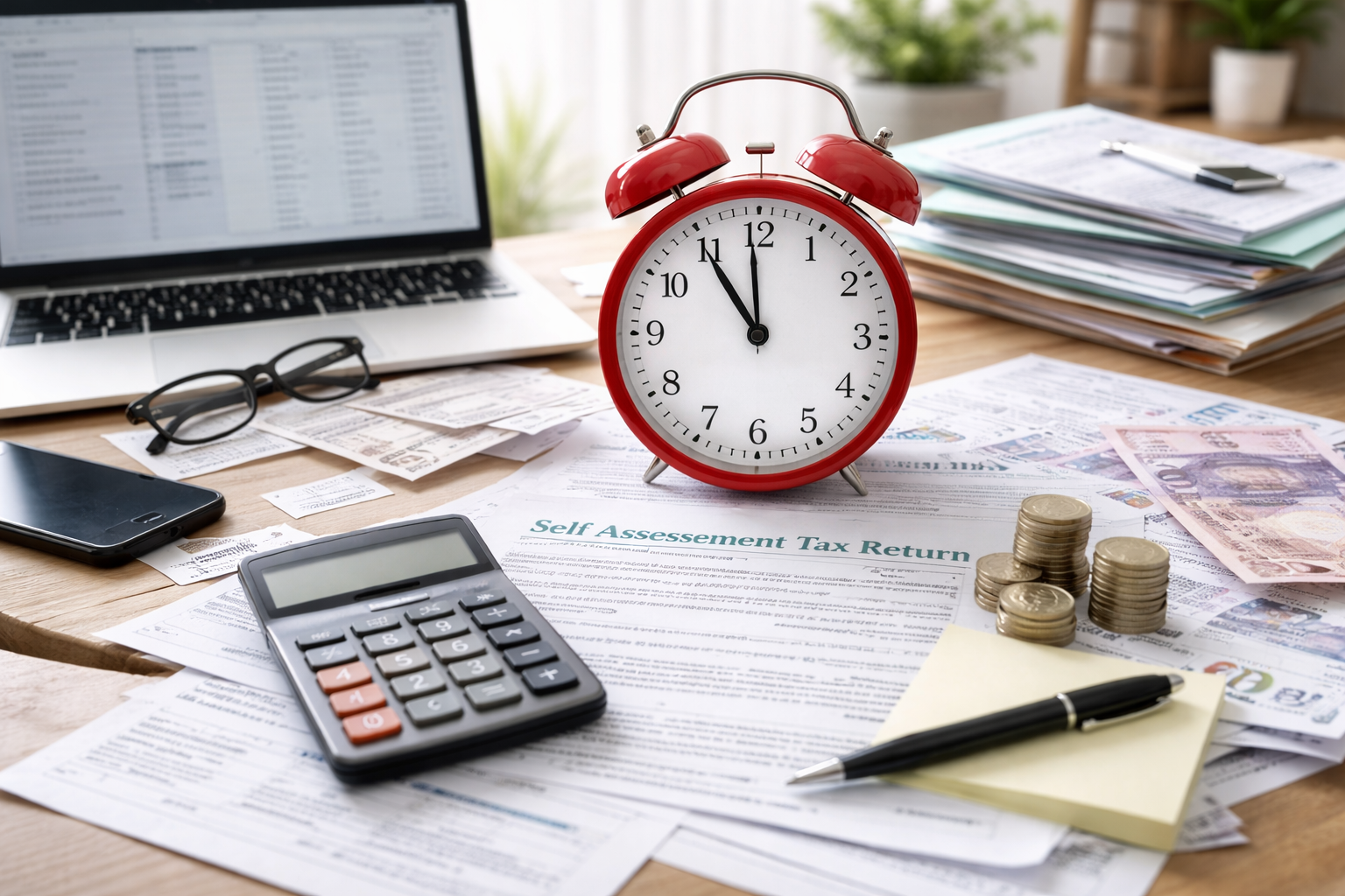 Cluttered desk with Self Assessment tax return paperwork, calculator, receipts, and alarm clock showing January tax deadline pressure
