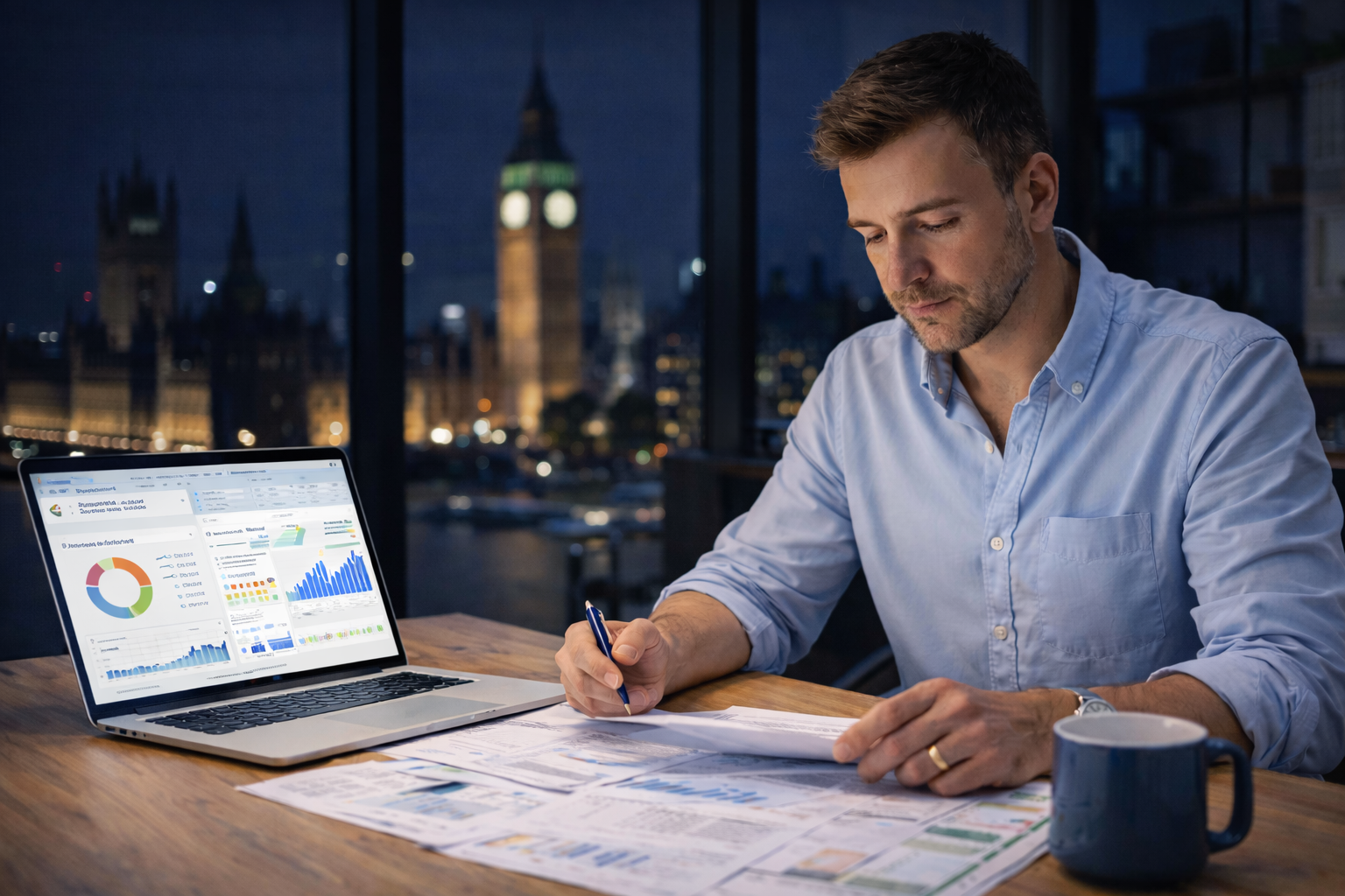 Young professional reviewing tax documents on laptop in UK night office before 5 April tax deadline