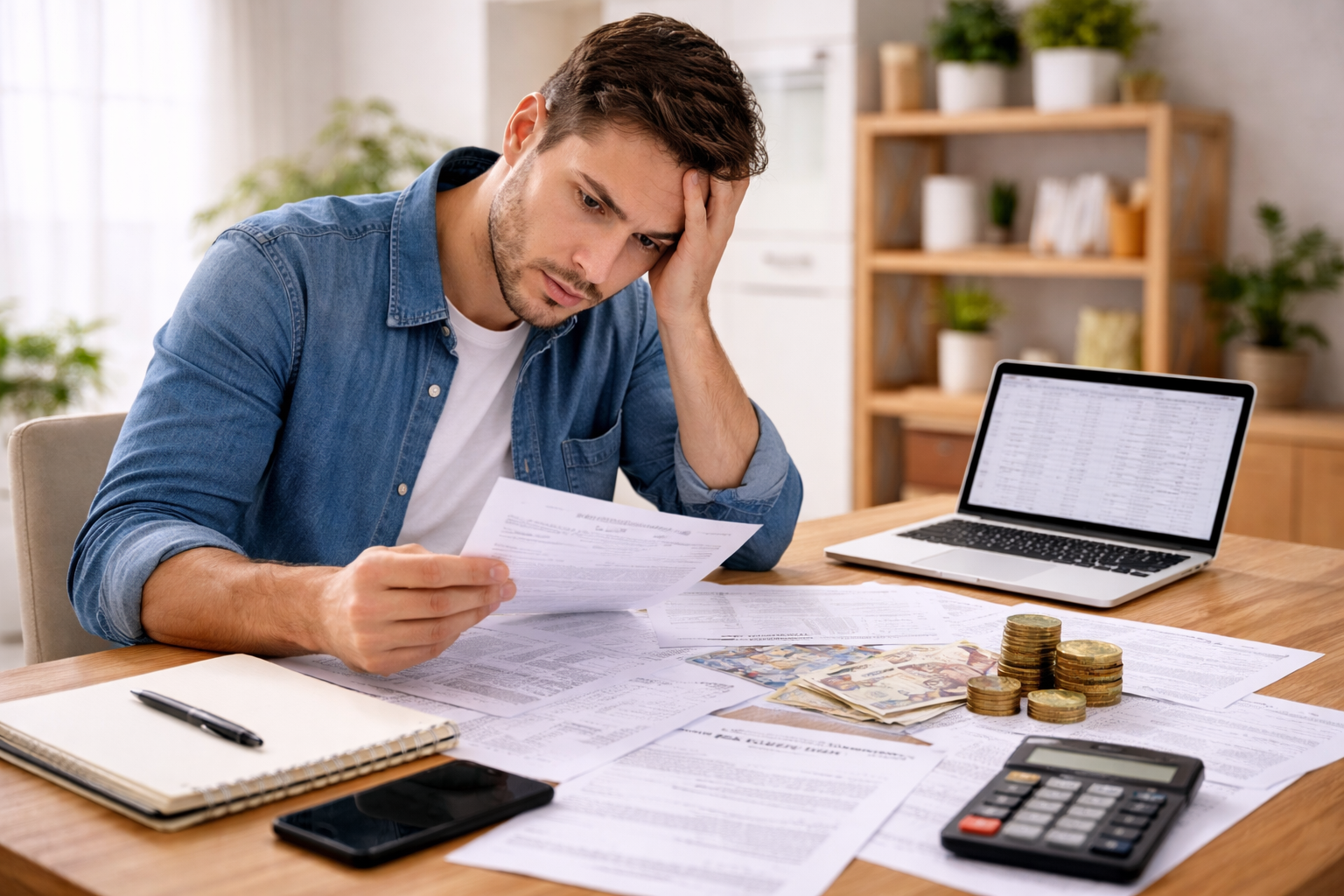 Stressed man reviewing Self Assessment tax documents at home with laptop, calculator, and receipts after missing the January deadline.