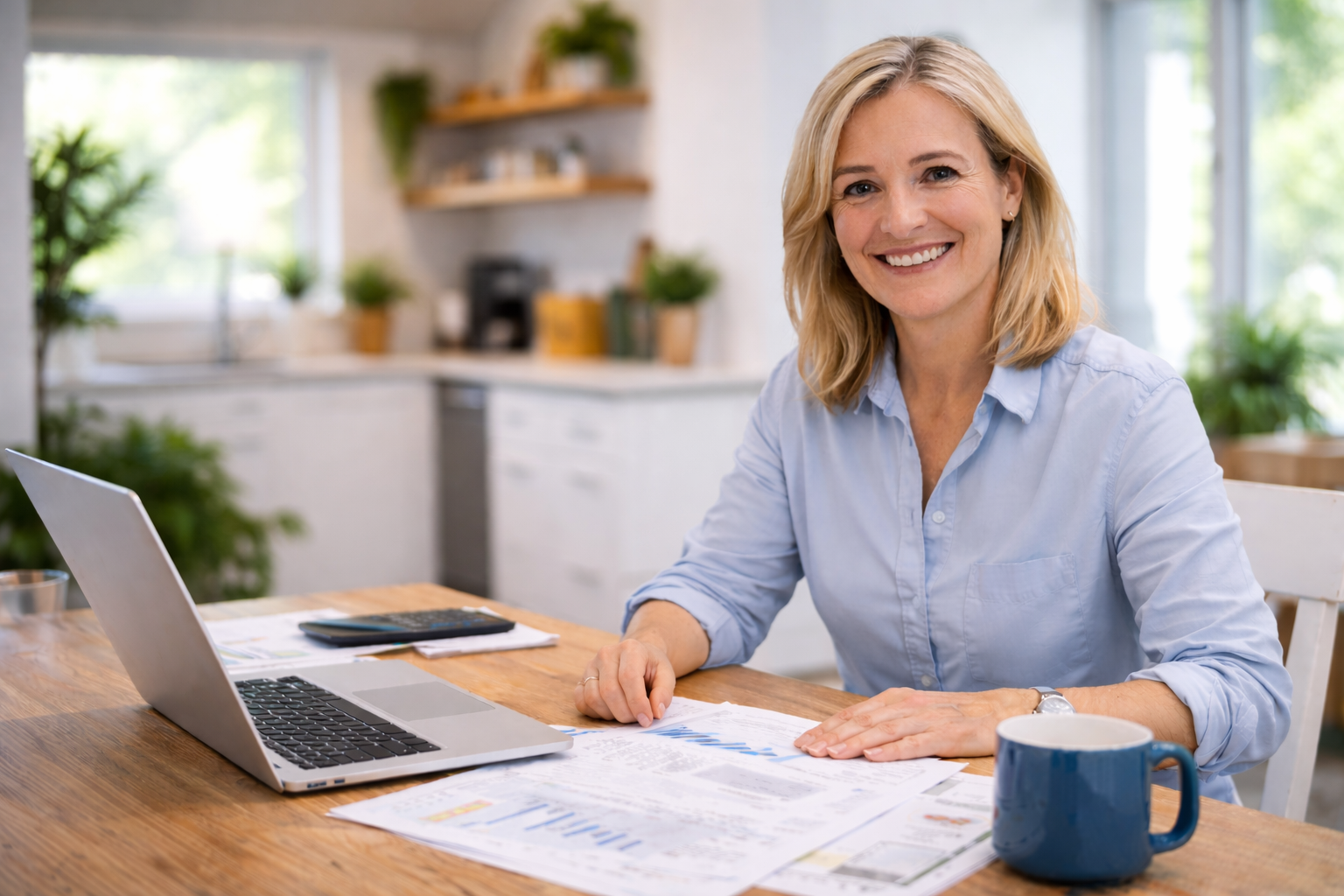 Self employed woman reviewing financial documents and laptop for Self Assessment 2025 to 26 in a bright home office