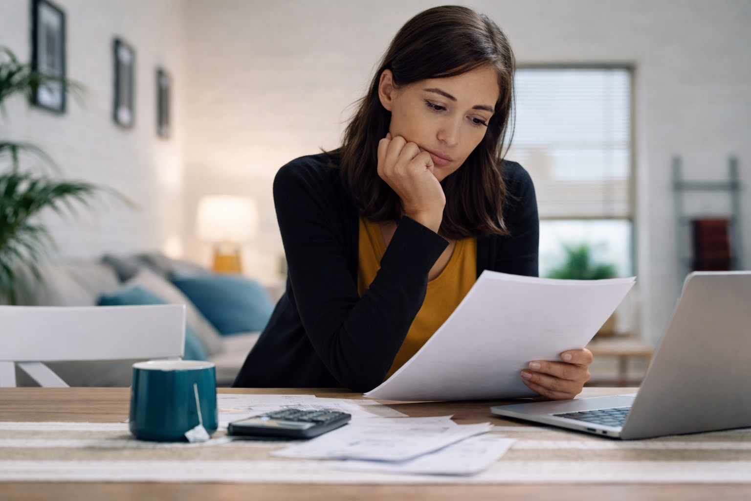 Taxpayer checking overdue HMRC paperwork and calculating late tax penalties