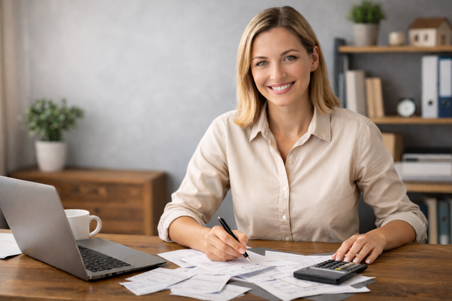 Woman reviewing receipts and calculating business expenses at a desk before the end of the tax year.