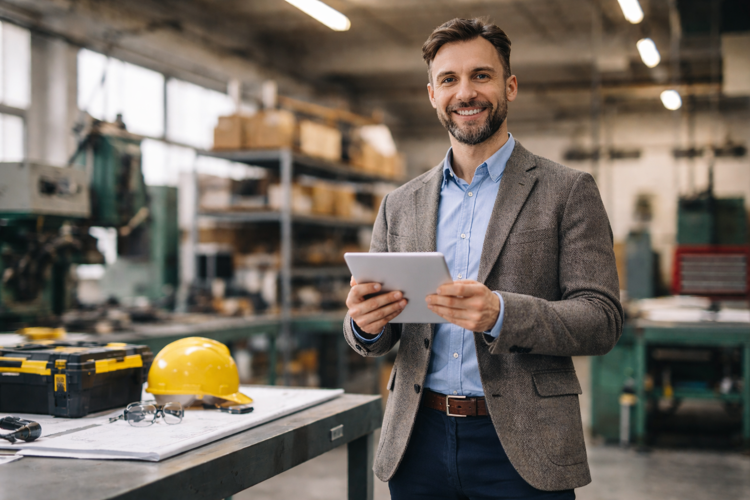 Business owner reviewing equipment purchase plans in a workshop while considering capital allowances before the tax year end.