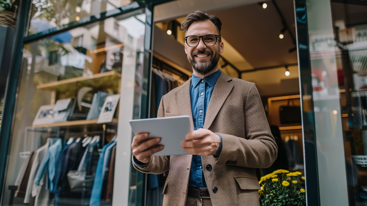Limited company director using a tablet outside a business while reviewing income and dividend planning before the tax year end.