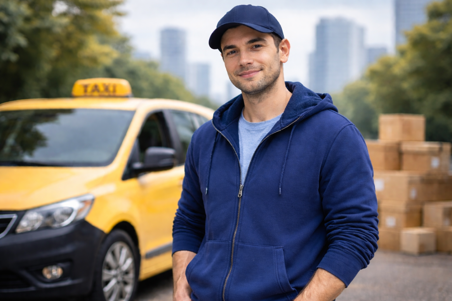 Delivery driver standing near a vehicle with parcels, representing self employed work and tax reporting responsibilities.