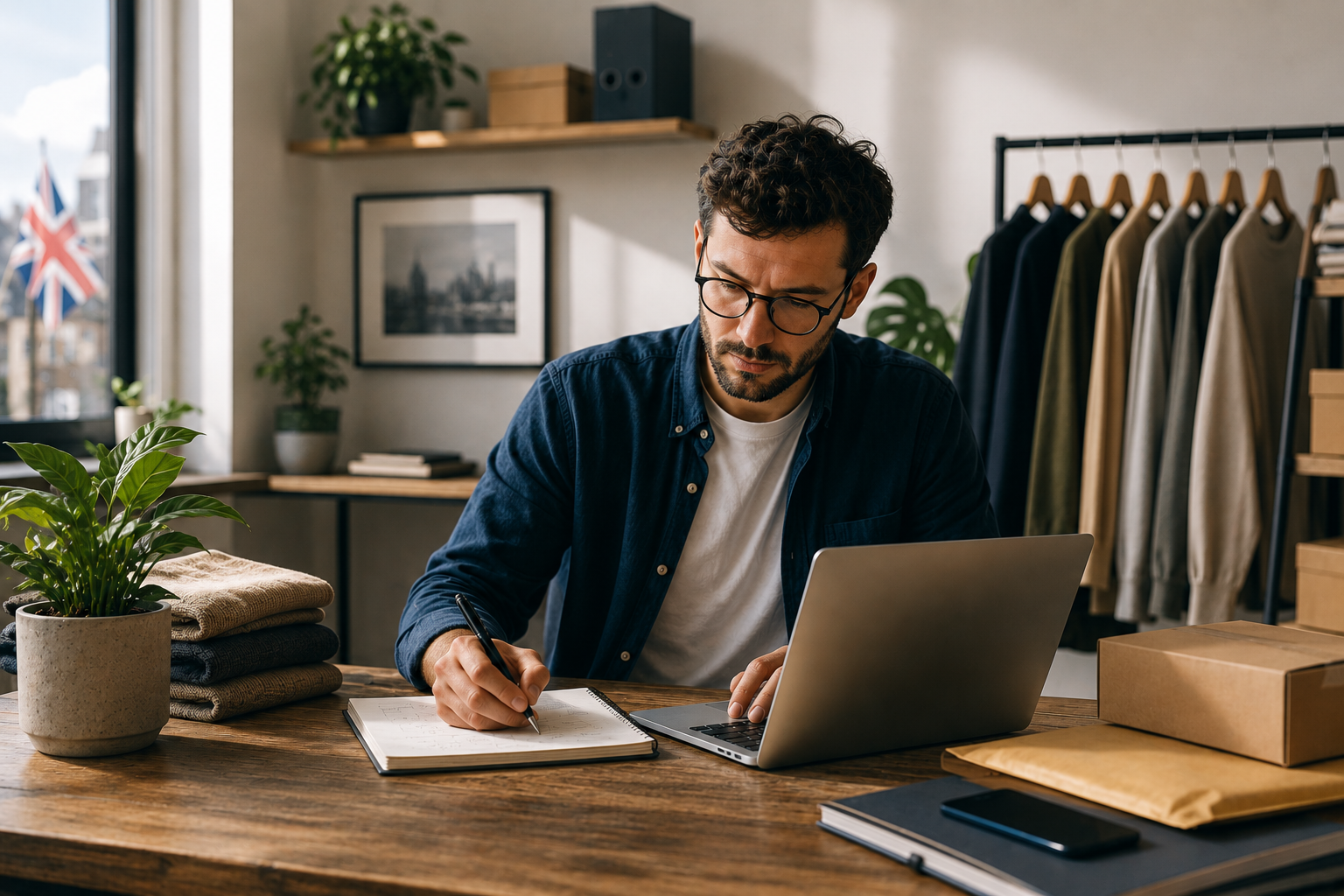 Self employed business owner reviewing income and expenses on a laptop during a mid year tax review in the UK.