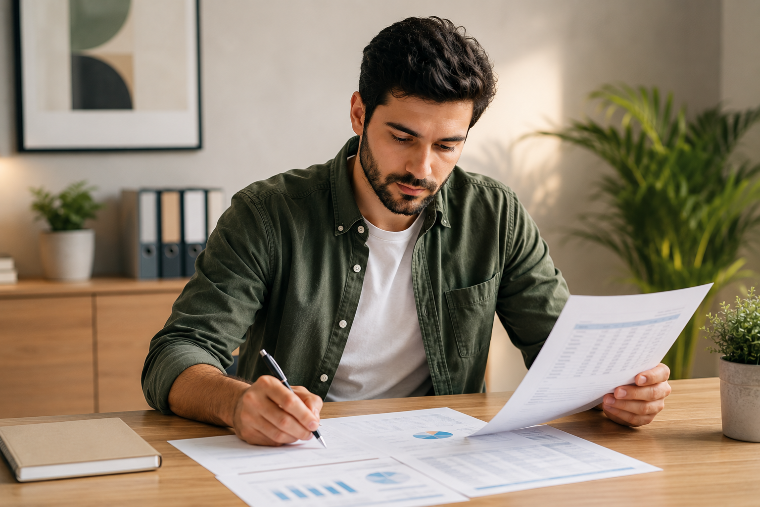 A self employed business owner reviews financial reports and cash flow documents at a desk, representing business budgeting, financial planning and managing self employed finances.
